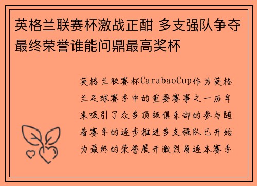 英格兰联赛杯激战正酣 多支强队争夺最终荣誉谁能问鼎最高奖杯